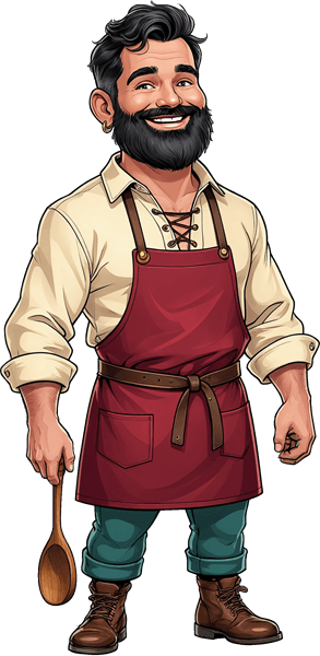 Brukinho — a short, round cook with a heavy moustache and a red bandana